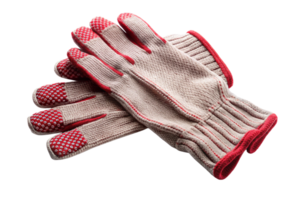 Pair of protective gloves with textured surface and reinforced fingertips for industrial and construction use on transparent background png