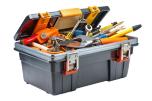 Toolbox with various tools and hand tools in a container, isolated on a transparent background, for construction, DIY, and repair purposes png