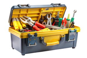 A toolbox with hand tools like screwdrivers, pliers, and wrenches arranged for storage and repair work on a transparent background png