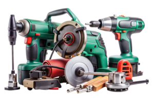 A collection of various power tools including drills, grinders, and sanders, arranged neatly on a transparent background for home improvement and construction projects png