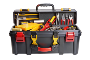 Open toolbox filled with a variety of work tools, including hammers, screwdrivers, and wrenches, on a transparent background png