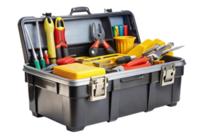 Fully stocked toolbox with screwdrivers, wrenches, and pliers on transparent background for all purpose use in home maintenance and repairs png