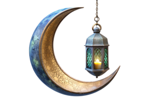 Artistic design of a crescent moon paired with illuminated lanterns, representing Ramadan traditions and a festive ambiance. png