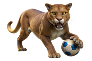 Powerful 3D cougar showing aggression while gripping a soccer ball, symbolizing strength, agility, and dominance in a vivid design. png