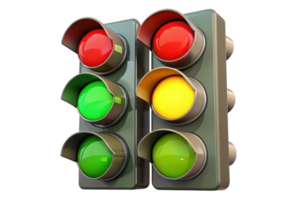 Modern traffic light with red, yellow, and green signals, representing traffic control and safety on urban roads and intersections. png