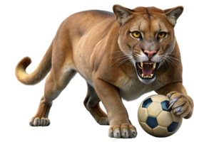 Realistic 3D illustration of a fierce brown cougar with intense expression, sharp claws, and a soccer ball in a dynamic and engaging pose. png