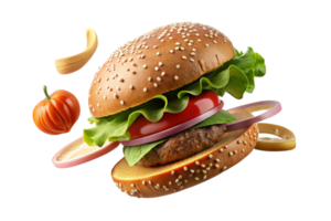 Creative hamburger with floating ingredients including lettuce, tomato, onion, and sesame seed bun, ideal for food concepts and advertising. png