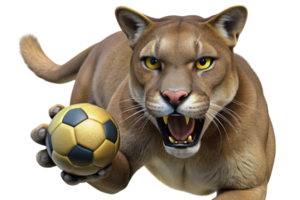 Majestic and fierce brown cougar interacting with a soccer ball, showcasing detailed fur texture, sharp claws, and intense energy. png