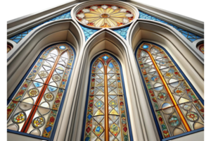 Artistic church stained glass windows with vivid designs and intricate detailing, set within gothic architecture and arched frames. png