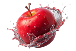 Vibrant red apple with water splash highlighting freshness and vitality in a dynamic motion on a clean transparent background. png