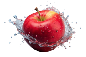 Red apple captured in mid-splash with glistening water droplets showcasing its freshness and appetizing appeal. png