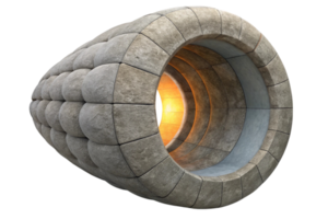 Abstract 3D stone tunnel structure with unique geometric textures and glowing light emitting from the center. png