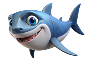 3D rendering of a friendly shark character with a wide smile, suitable for family friendly content, animations, and marine storytelling. png