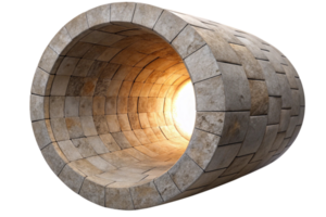 3D artistic cylindrical stone structure resembling a tunnel with intricate geometric patterns and glowing interior illumination. png