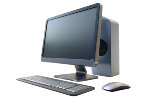 High tech desktop computer system with widescreen display, wireless keyboard, and mouse on a clean, transparent background. png