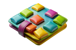 Colorful candy inspired wallet showcasing multicolored square patterns for playful and unique design themes. png