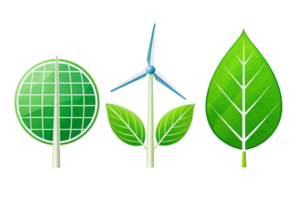 Minimalist icons combining a leaf, wind turbine, and solar grid, symbolizing renewable energy and sustainable development png