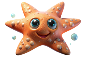 Adorable cartoon starfish with a happy smiling face, covered in bubbles, showcasing vibrant colors and playful underwater vibes. png