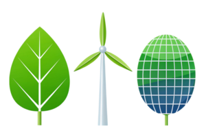 Abstract design with renewable energy symbols including a leaf, wind turbine, and solar grid for eco friendly concepts png