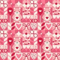 Valentine's day geometric seamless pattern. Love and heart simple shapes icons make mosaic endless background for sale banner print. Trendy minimalist geometry cover design. vector