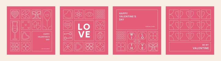 Valentine's Day geometric background in line style. Square minimalist Poster template with Modern pattern. Set of love card with simple icons in flat outline style. Trendy romantic banner cover, post vector