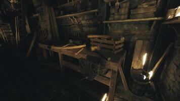 Rustic workshop interior with wooden tools and crates in an old space video