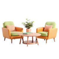 Modern coffee table with stylish chairs in 3D png