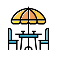 Relaxing beachside dining experience tables and chairs under umbrellas coastal paradise outdoor ambiance scenic view png