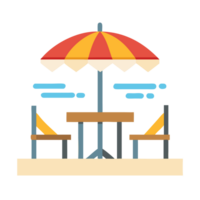 Relaxing day on the beach with tables chairs and umbrellas coastal paradise digital illustration sunny atmosphere eye-level view png