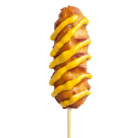 Golden corn dog on a stick with mustard drizzle png