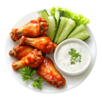 Plate of chicken wings with a side of cucumber and a dipping sauce png