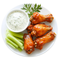 Plate of chicken wings with a side of celery and a dipping sauce png