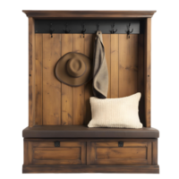 Wooden bench with a hat on it and a white pillow on it png