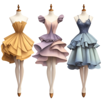 Three dresses are shown, each with a different color and style png