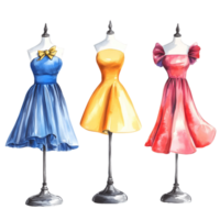 Three dresses are displayed on a mannequin, each in a different color png