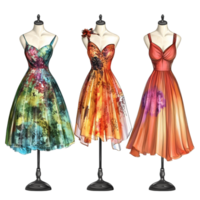 Three dresses are displayed on a mannequin, each with a different color scheme png