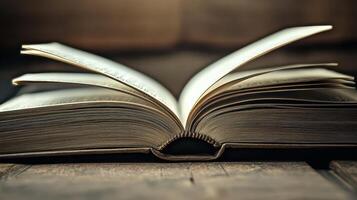 An open book on a wooden table photo
