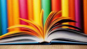 An open book with colorful pages on a table photo