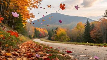 background landscape image of falling leaves on the street in autumn photo