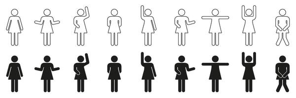 Woman Figure Line and Silhouette Icon Set in Various Poses. Female Stick Figure with Different Gesture and Pose Collection. Editable Stroke. Isolated Illustration vector