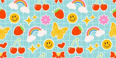 Emoji on a checkered blue background. Children's pattern with bright elements in the form of stickers. Groovy hippie pattern. Includes rainbow, flower, sparkle, butterfly, cherry, and smile. vector