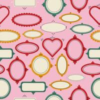 Pattern of hand-drawn colorful sketched frames. Vintage frames decorated with lines, dots, and swirls. Colors yellow, pink, red, green. Pink background. vector