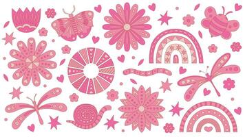 Pink boho clipart with flowers, butterflies, and rainbows. 70s hippie elements. Bundle of illustrations for nursery. Hand-drawn linear elements for wrapping paper and fabric. vector