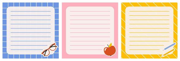 Templates for paper notes. Groovy cards for notes in blue, pink, and yellow colors. Paper sticky notes for reminders, memo messages, and planners. Back to school. Empty ripped pages for a message. vector