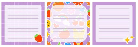 Templates for paper notes. Groovy cards for notes in purple colors. Paper sticky notes for reminders, memo messages, and planners. Y2K stickers. Lined sheets. Empty ripped pages for a message. vector