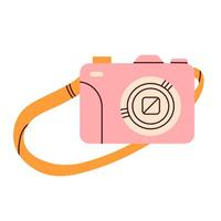 Pink photo camera with lens and button. Isolated icon. Vintage camera in flat style. Vacation, touristic travel. Trip to the beach. Design for graphic and web. vector