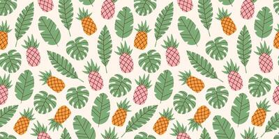Seamless pattern with green tropical leaves and yellow and pink pineapples on a pastel background. Abstract foliage and botanical background. Tropical paradise. Background for banners, and prints. vector