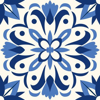Ceramic tiles in a classic design feature intricate floral and leaf motifs. Mediterranean seamless navy blue ornament. Majolica. Spanish pattern. Baroque mosaic.