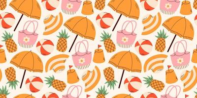 Pattern with yellow umbrellas, sandcastle, ball, and pineapple. Summer seamless pattern. Fashion print design. Suitable for social networks, banner design, and web. vector