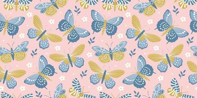 Pastel pattern with butterflies and chamomile. Seamless pattern of flying butterflies in blue, yellow, and pink colors. Spring pattern background in pastel color for fabric, paper, scrapbooking, etc.P vector